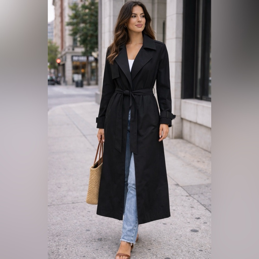 Brunette the Label Long Black Trench Rain Coat with Waist Tie - Women/